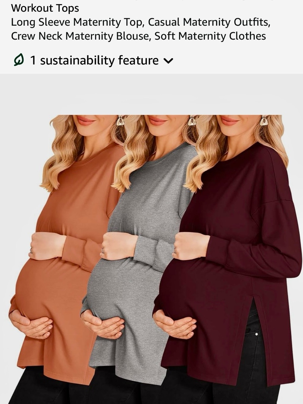 Long Sleeve Maternity Crew Neck Top - Burgundy, Gray, Caramel